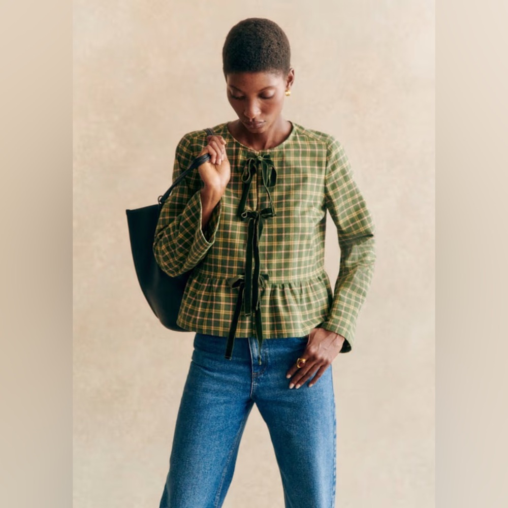 Sezane Green Plaid Brenda Peplum Bow Top Size 4 BNWT